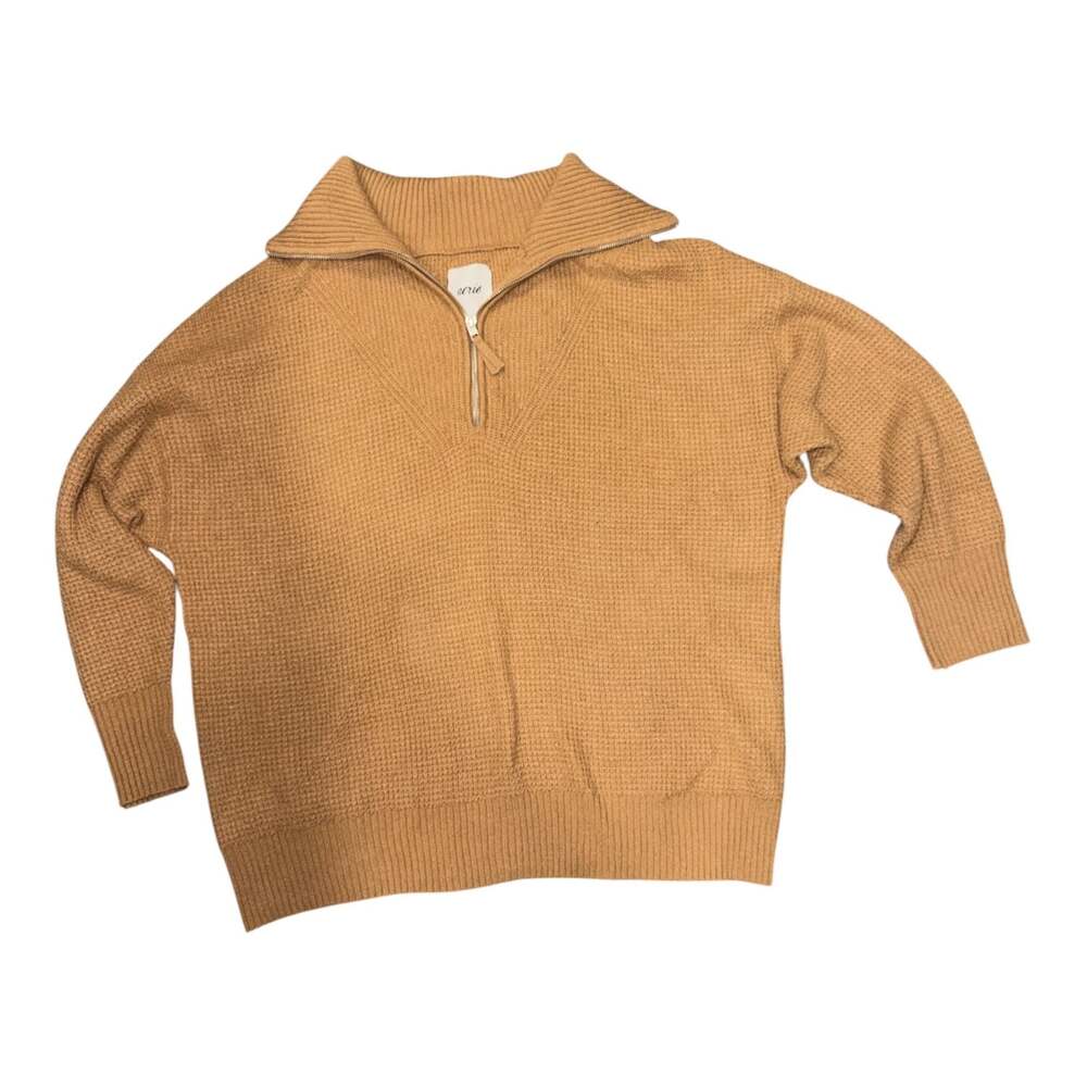 Aerie CozyUp Waffle Knit Quarter Zip Sweater Cappuccino Brown Medium Oversized